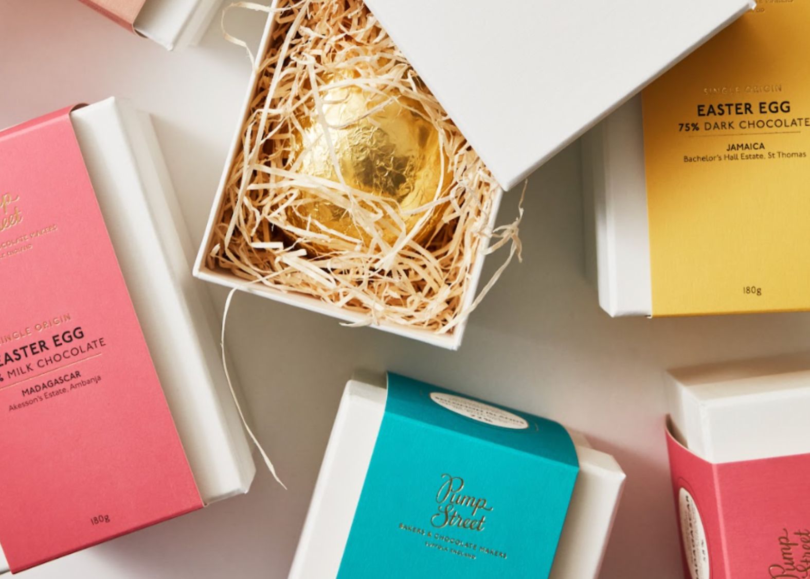 box of Pump Street's luxurious big easter eggs wrapped in gold foil