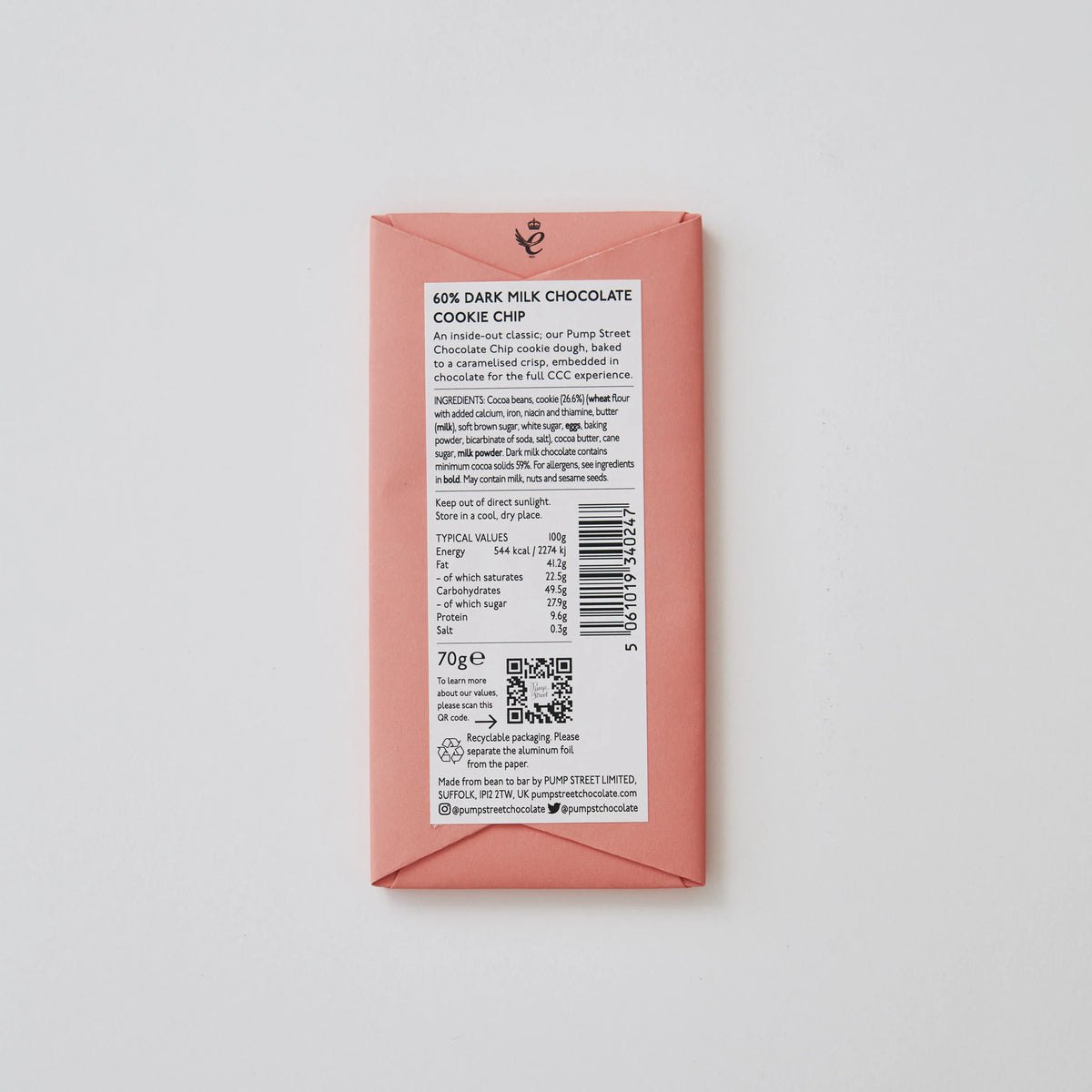 Back of Pump Street&#39;s Artisan Craft Chocolate Bar Dark Milk Cookie Chip