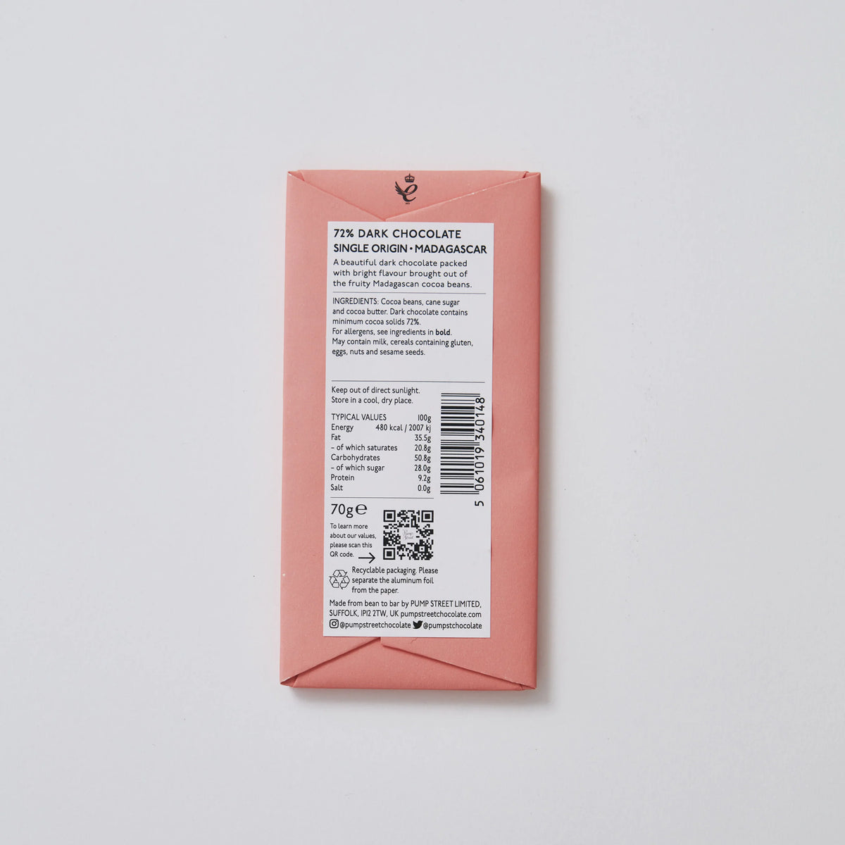 Artisan Craft Chocolate Bar From Madagascar 72% Back View of Packaging