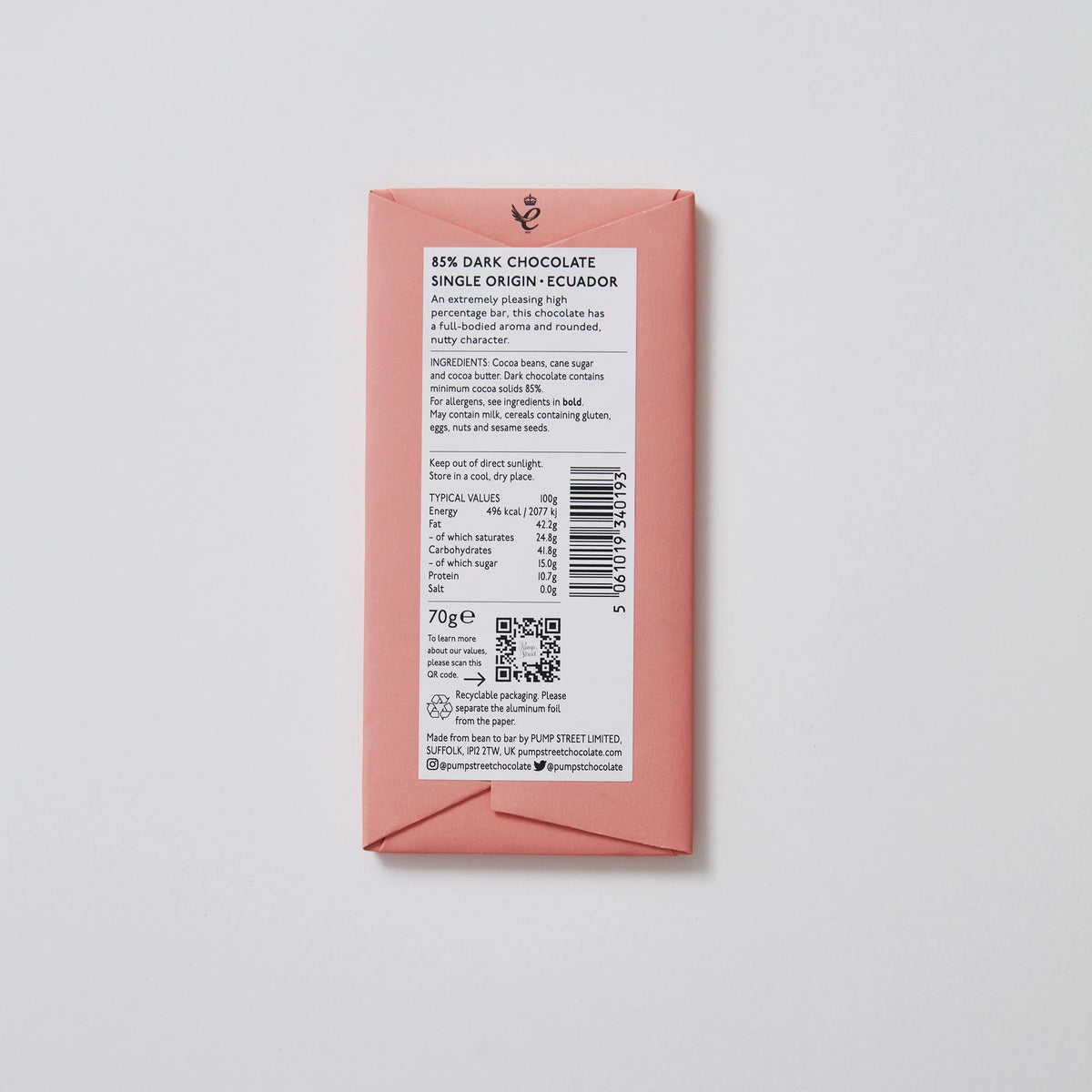 Back of Pump Street's Artisan Dark Craft Chocolate Bar From Ecuador, 85%