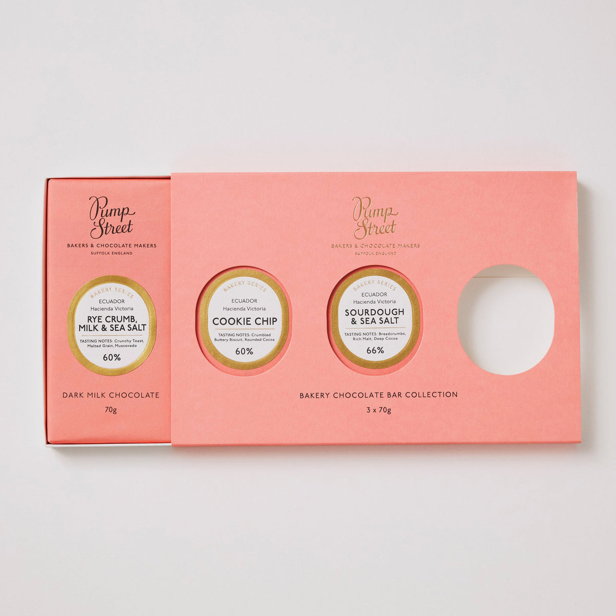 Pink chocolate bar collection packaging on a white background