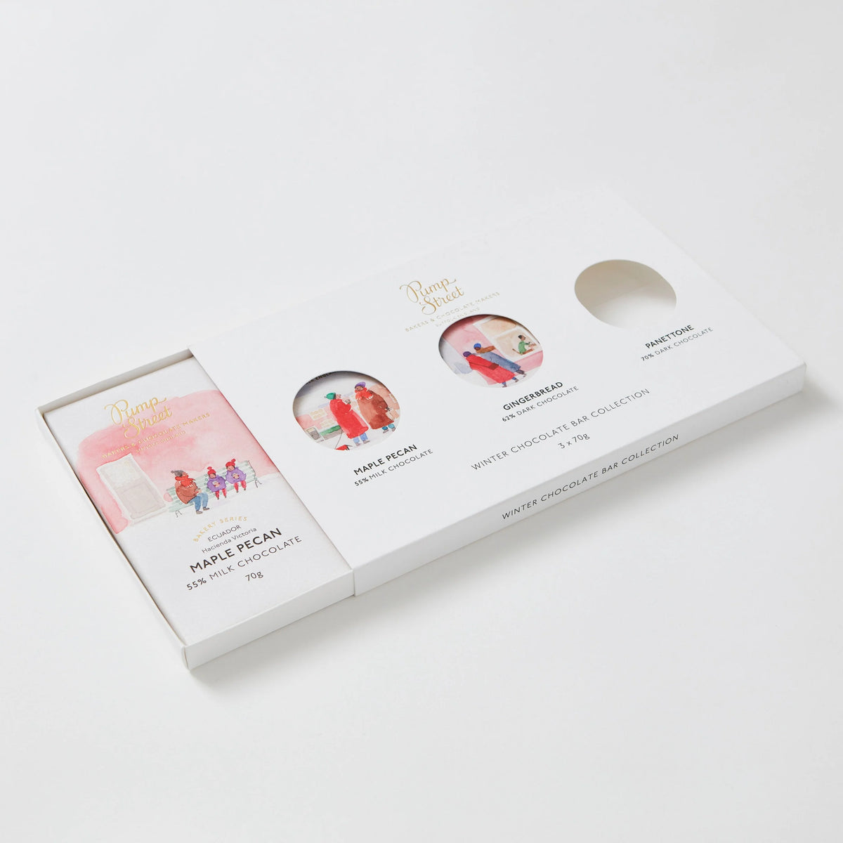 Side view showing Pump Street&#39;s Christmas chocolate gift box with sliding tray