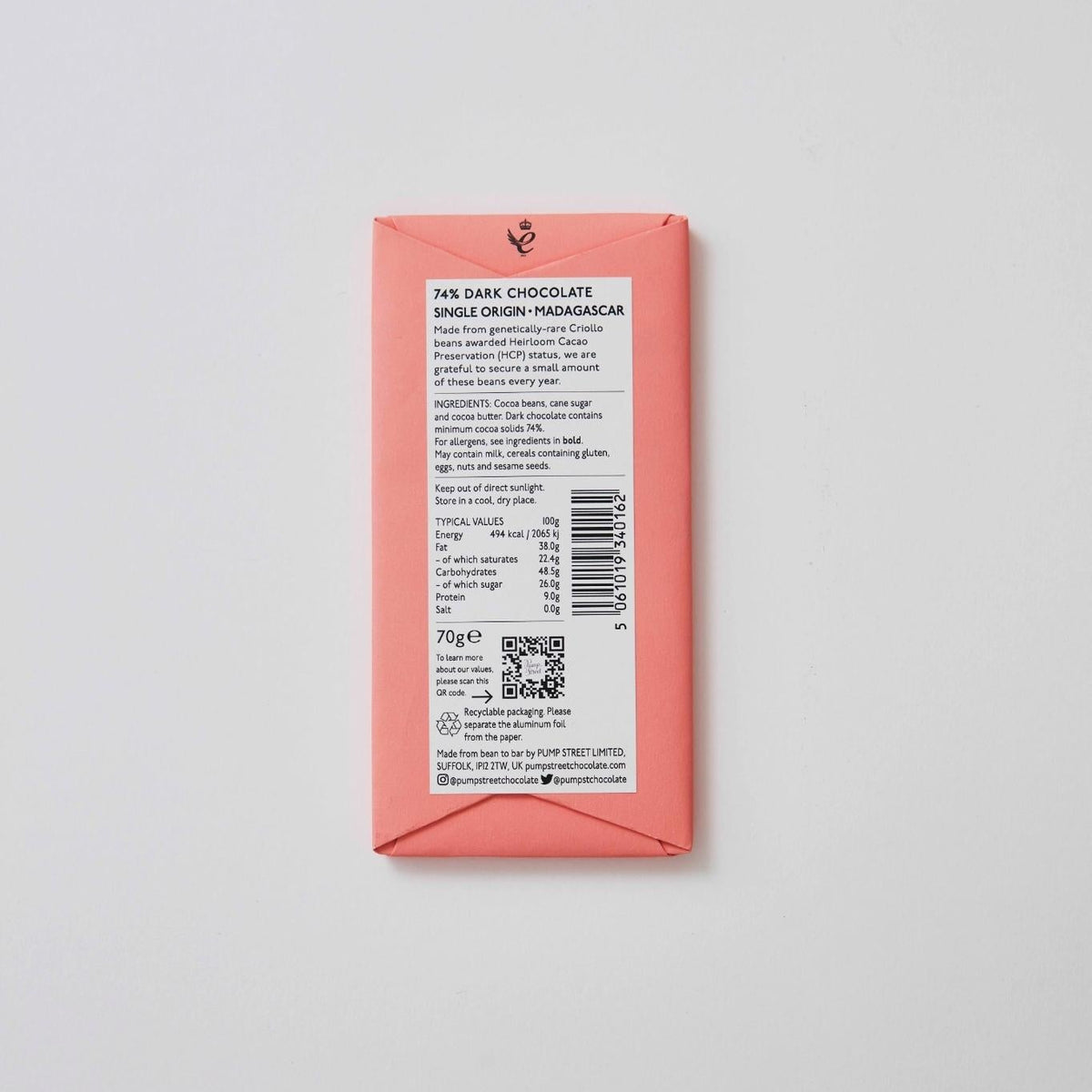 Pump Street Single Origin Madagascar 74% Craft Chocolate Bar Reverse Label