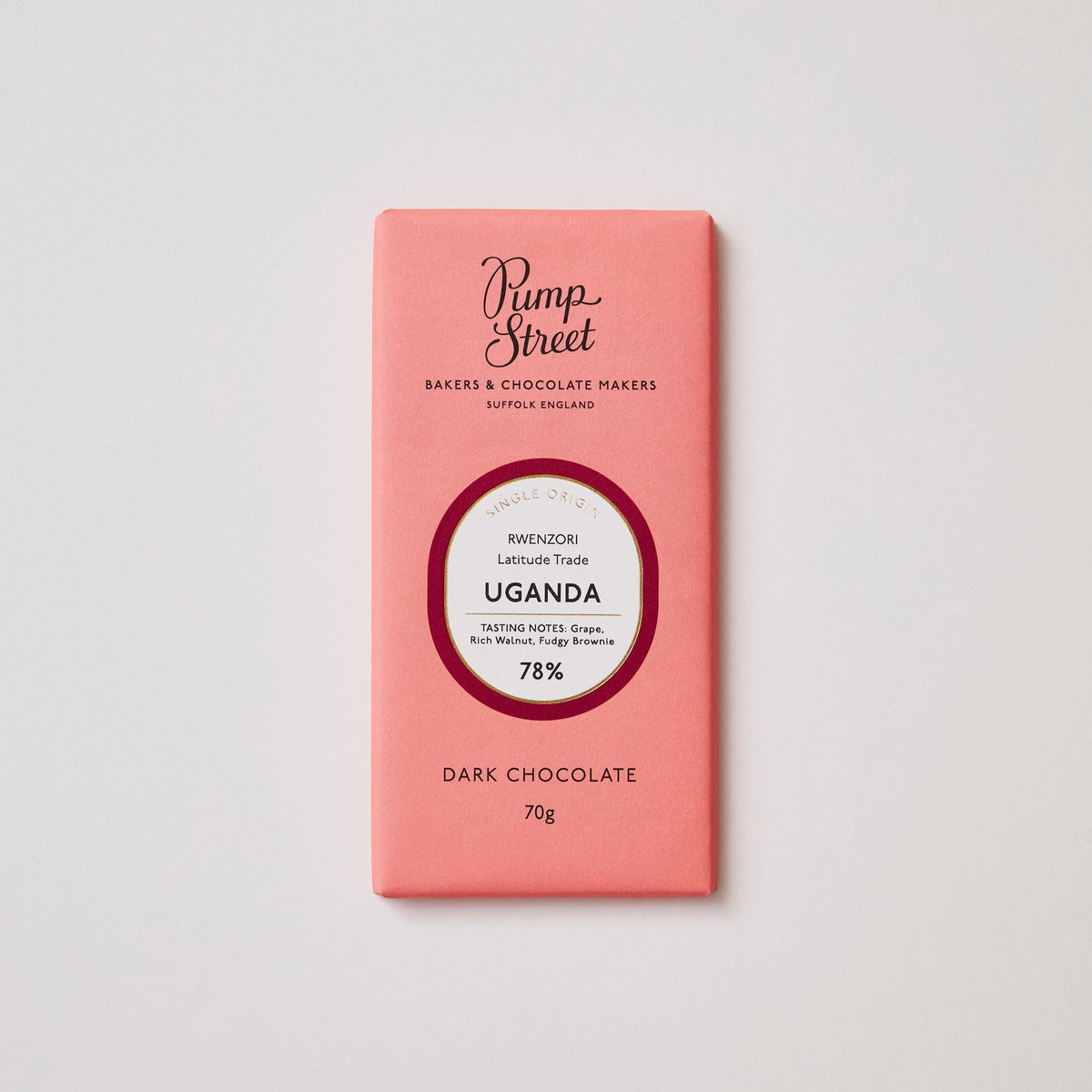 Pink chocolate bar with &#39;Pump Street&#39; branding on a white background