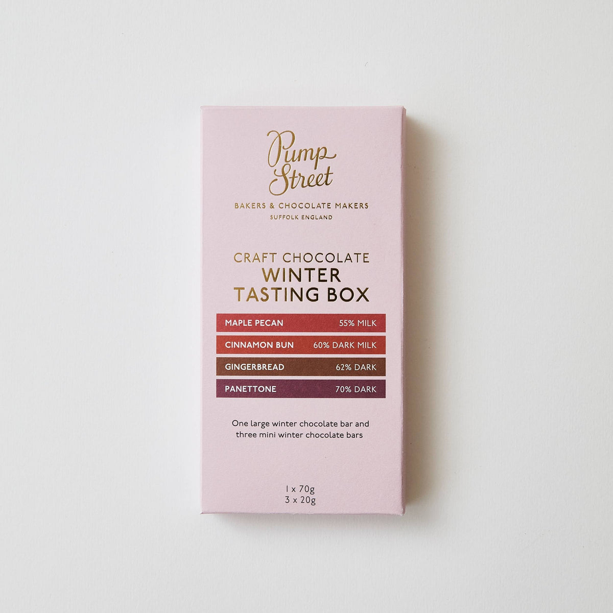 Pink chocolate tasting box with text on a white background