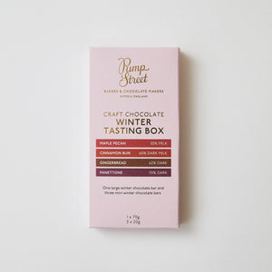 Pink chocolate tasting box with text on a white background