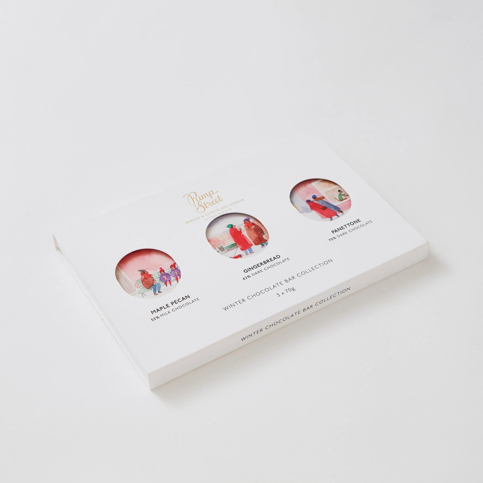 Christmas chocolate bars gift box from Pump Street: Maple Pecan, Gingerbread, Panettone